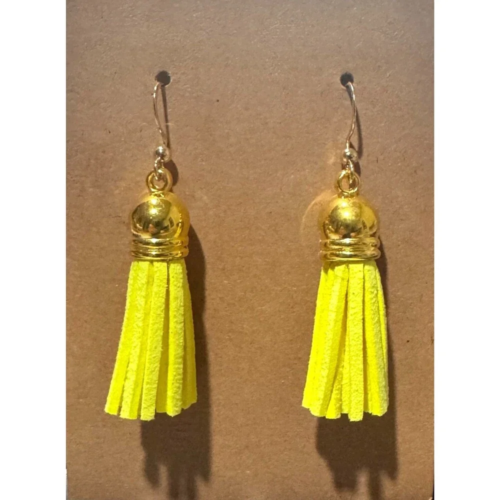 Lemon Yellow Suede Earrings, 10kt Gold Hypoallergenic Dangle Item #2264
